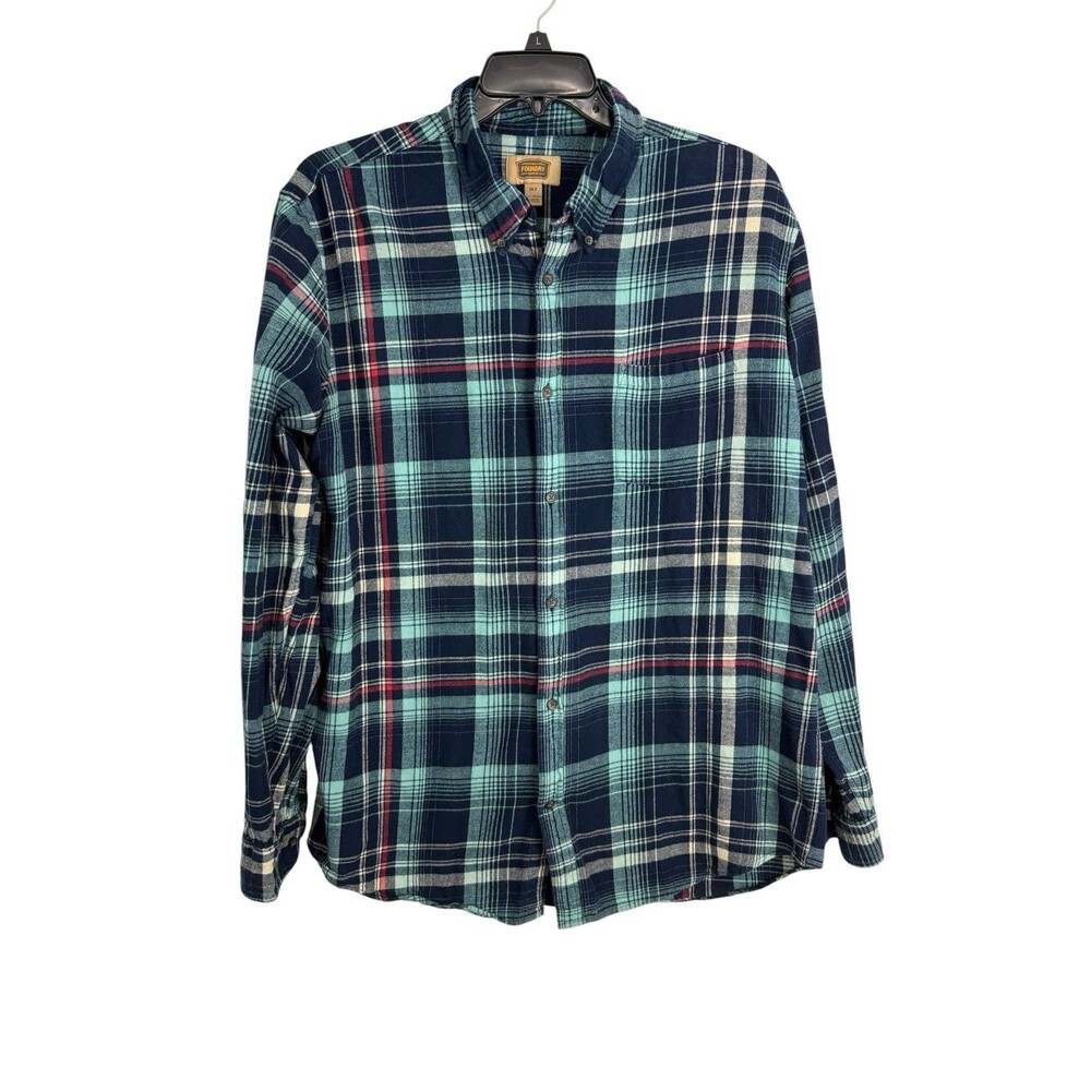 Foundry Mens Shirt Button Down Size XLT Tall blue Plaid Flannel Long Sleeve